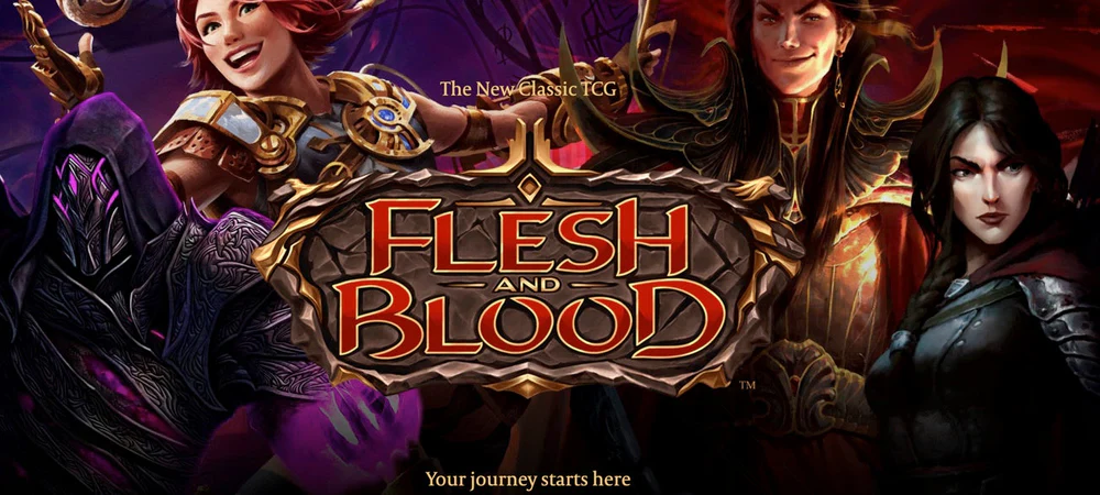 Heróis e cartas de Flesh and Blood em uma mesa de card game presencial