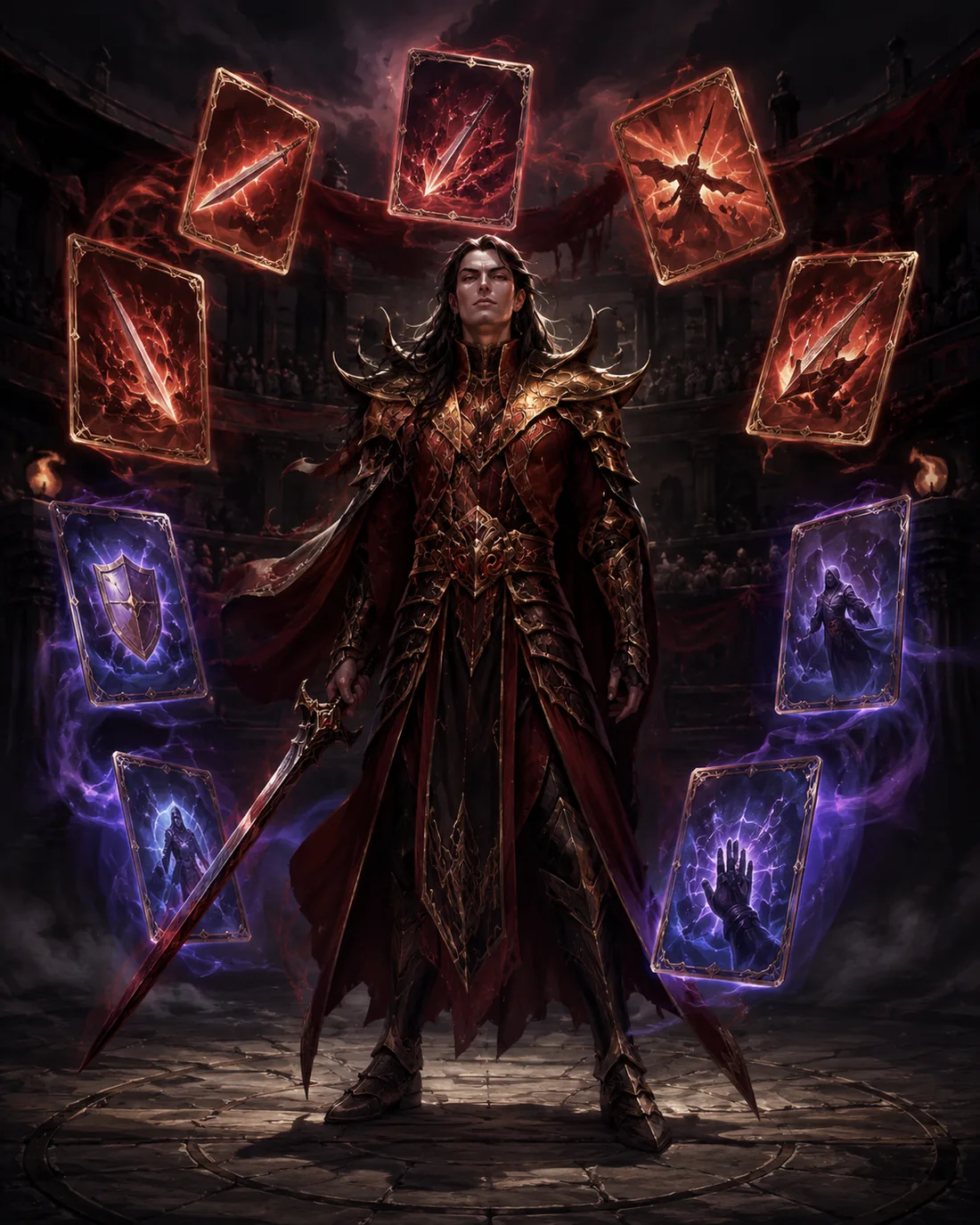 Herói de fantasia cercado por cartas representando classes e estilos de Flesh and Blood