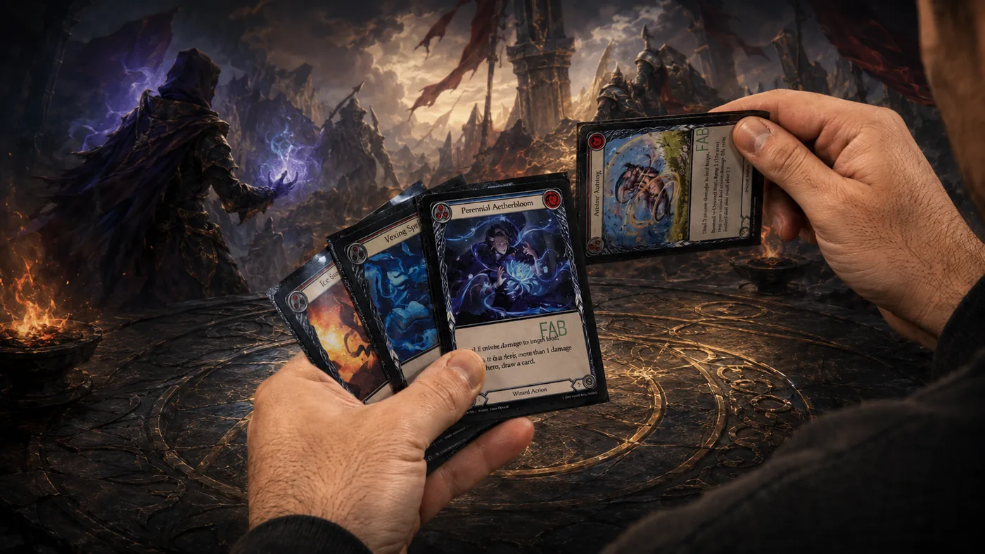 Jogador segurando cartas em uma arena de fantasia, representando planejamento de turno em Flesh and Blood