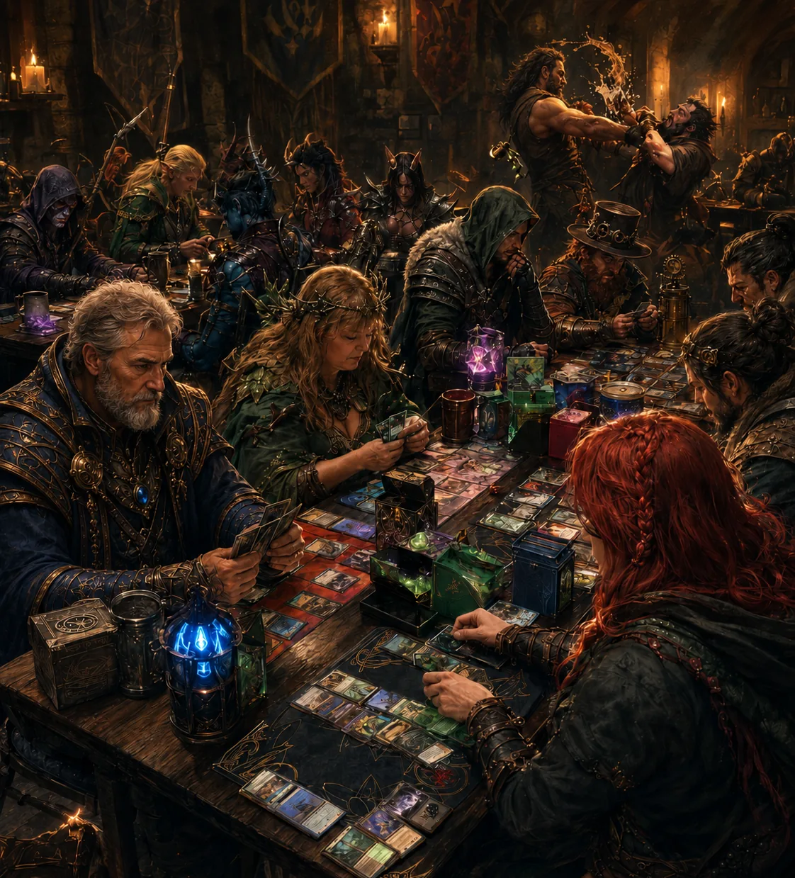 Mesa com jogadores de card game em cenário de fantasia representando classes de Flesh and Blood