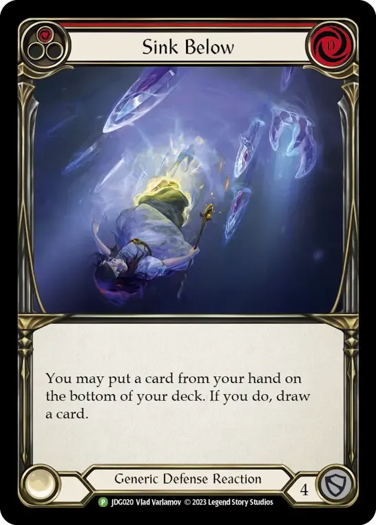 Carta Sink Below usada como exemplo de defesa em Flesh and Blood para iniciantes